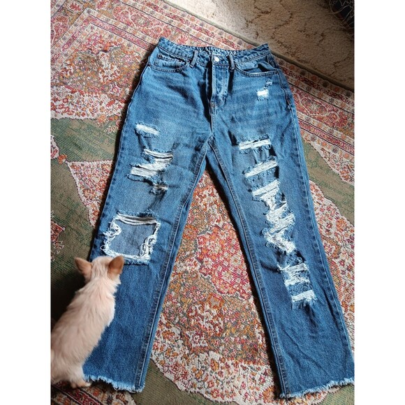 Vanilla Star size 7 90s boyfriend distressed straight leg jeans buttonfly - Picture 1 of 3